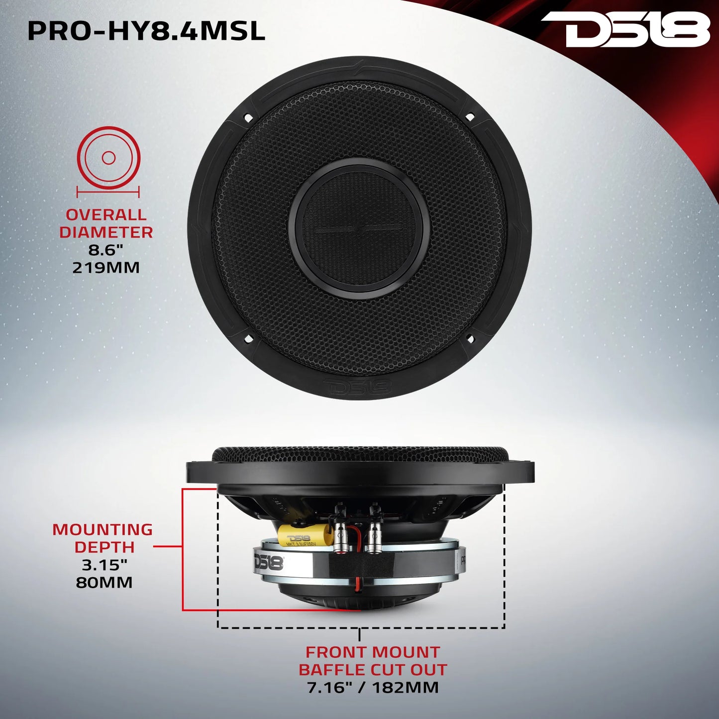DS18 PRO 8" Shallow Coaxial Hybrid Mid-Range Loudspeaker with Built-in Driver | 200W RMS 4-Ohm