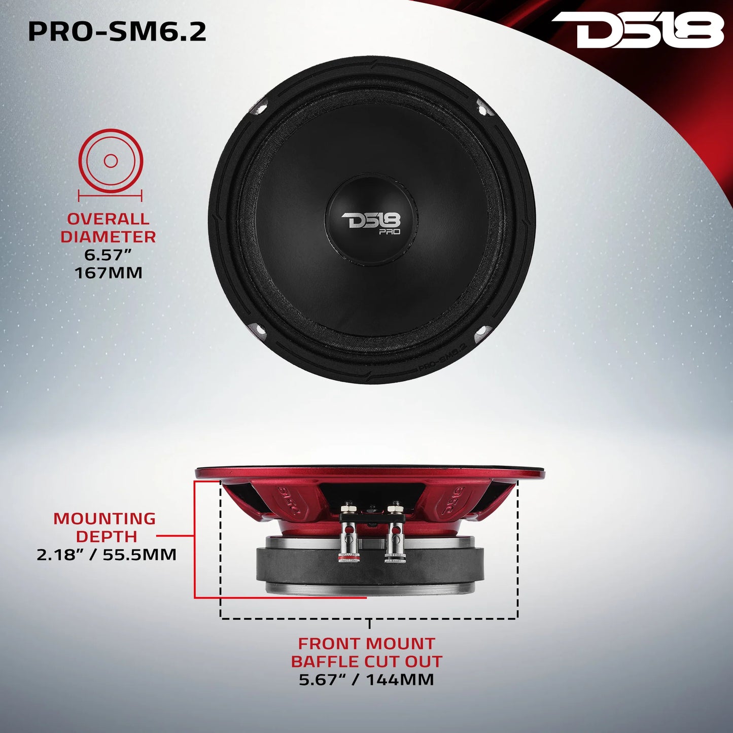 DS18 PRO 6.5" Slim Mid-Range Loudspeaker with Water-Resistant Cone | 200W RMS 2-Ohm
