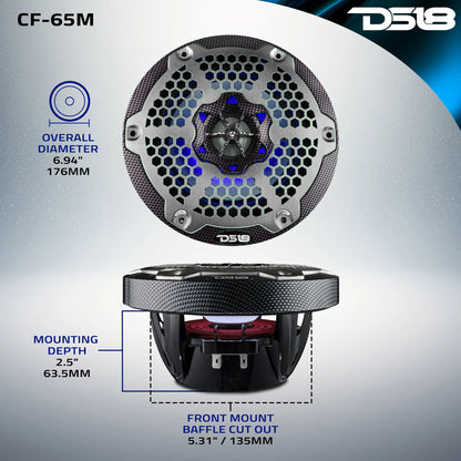 DS18 NXL 6.5" 2-Way Coaxial Marine Speaker With LED RGB Lights 100 Watts Rms 4-Ohm - Black Carbon Fiber