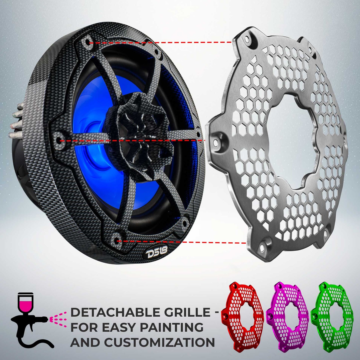 DS18 NXL 6.5" 2-Way Coaxial Marine Speaker With LED RGB Lights 100 Watts Rms 4-Ohm - Black Carbon Fiber