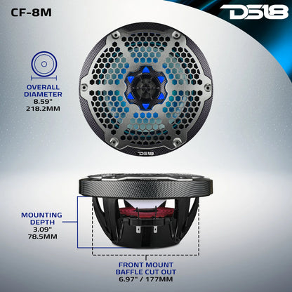 DS18 NXL 8" 2-Way Coaxial Marine Speaker With LED RGB Lights 125 Watts Rms 4-Ohm - Black Carbon Fiber