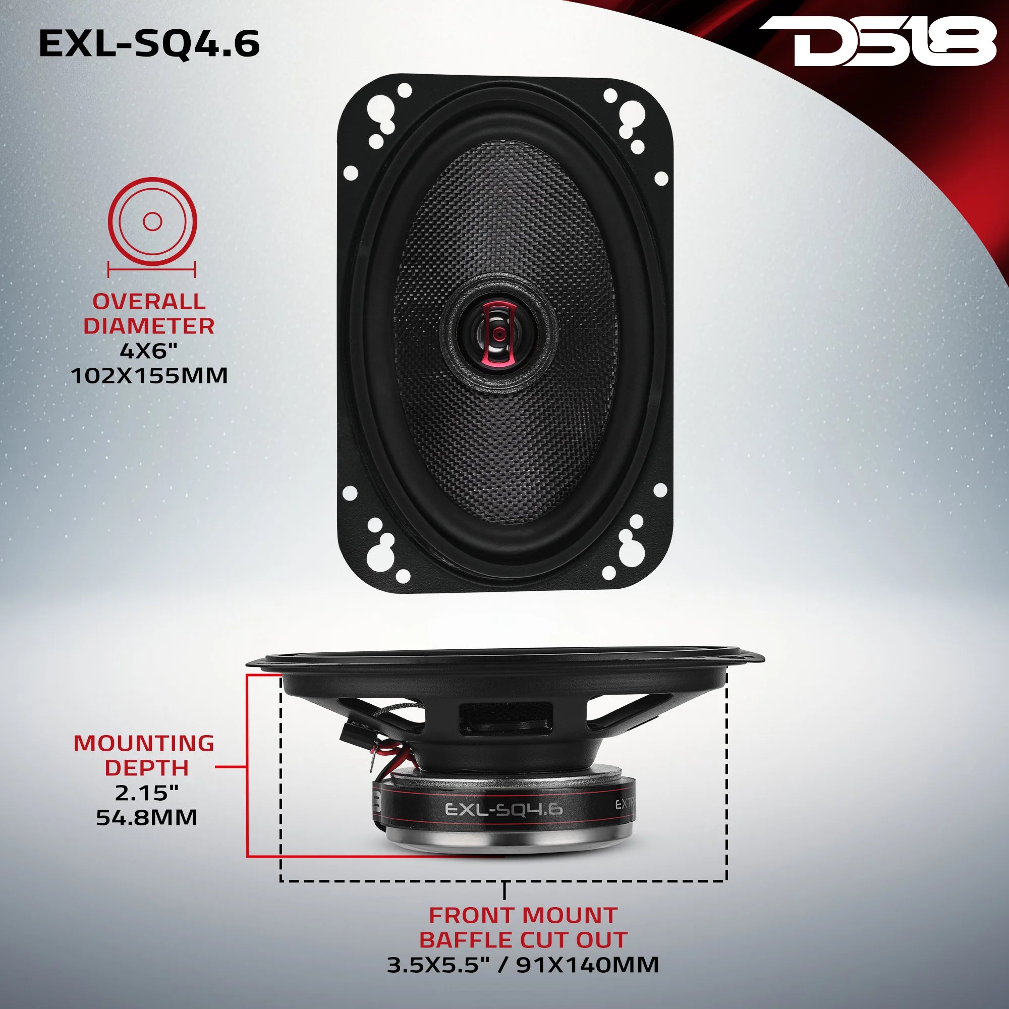 DS18 EXL 4x6” 2-Way Coaxial Speaker with Fiber Glass Cone | 60W RMS 3-Ohm