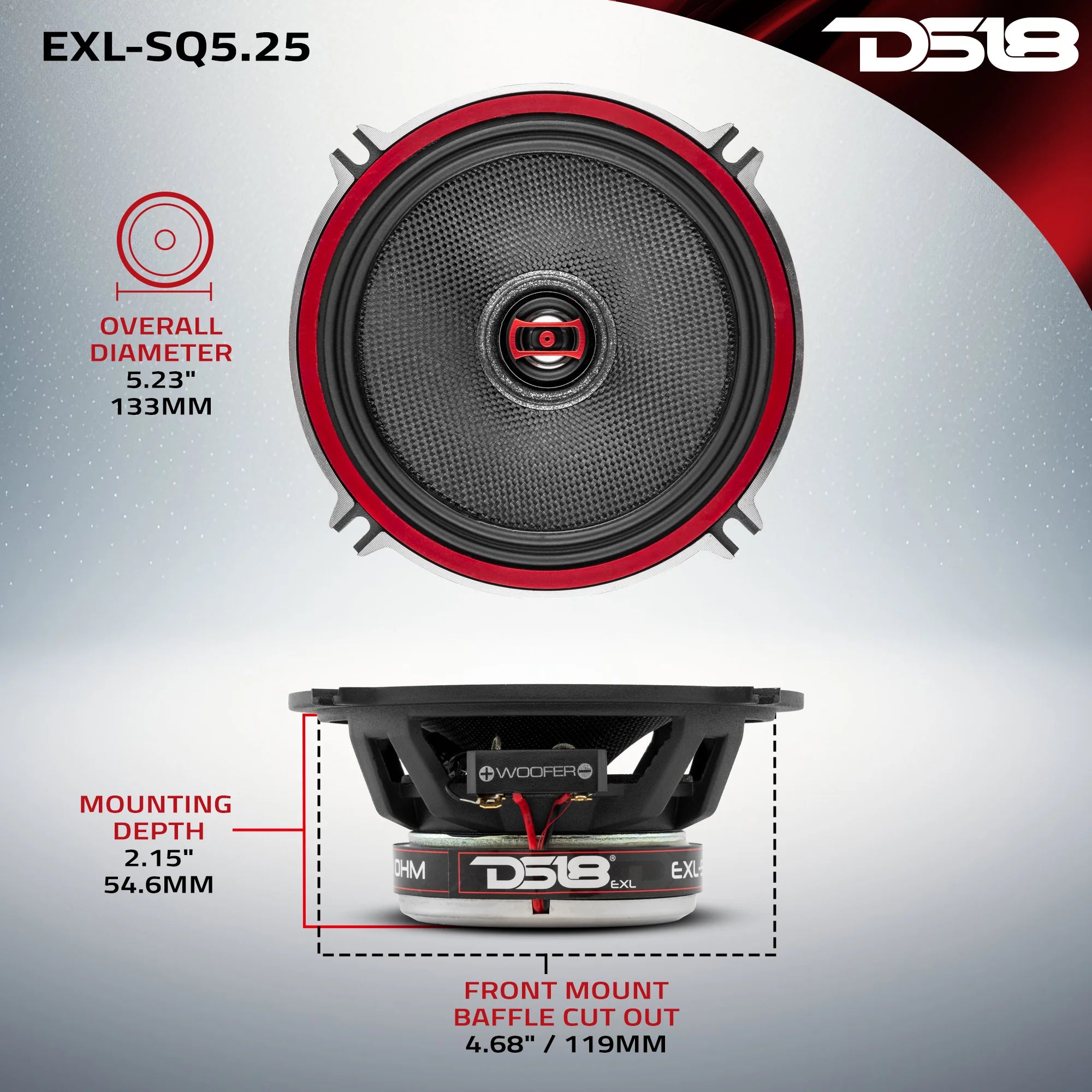 DS18 EXL-SQ5.25 5.25" 2-Way 3 Ohm Coaxial Speakers