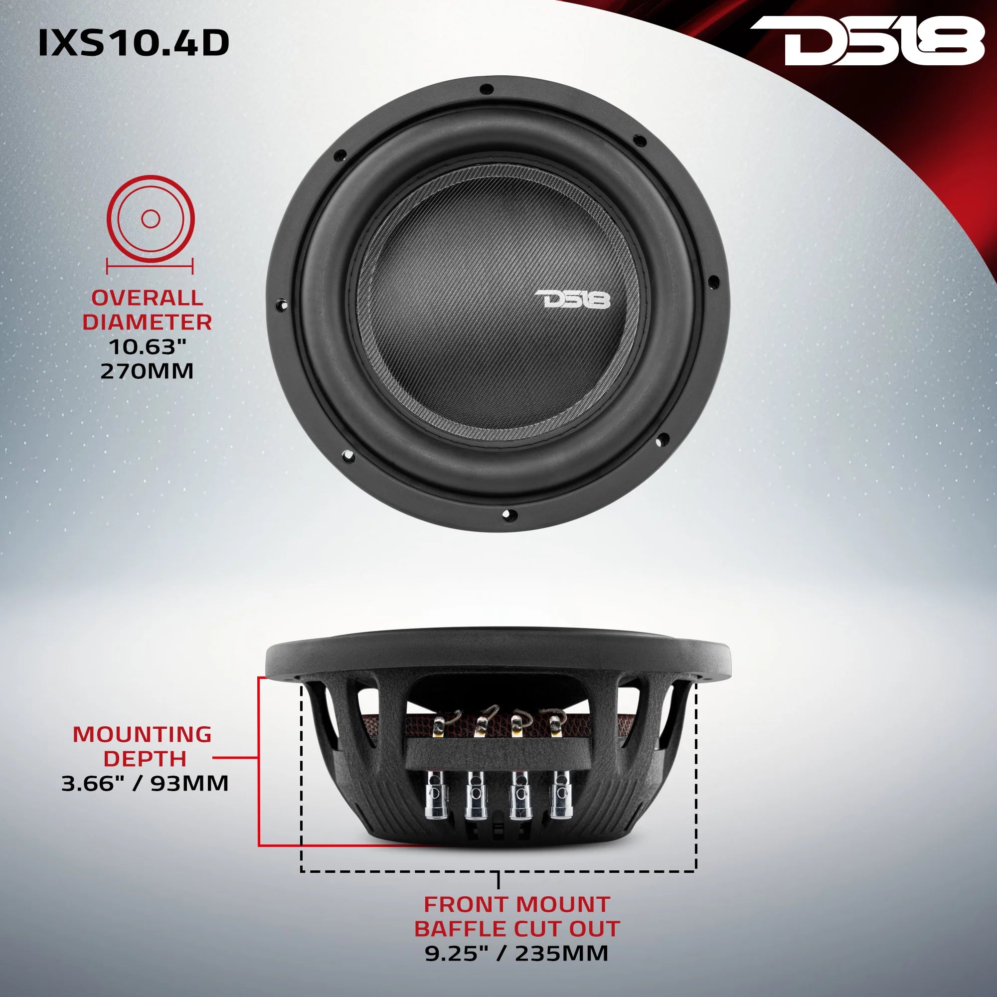 DS18 IXS Shallow-Mount 10" Fiber Glass Subwoofer 600 Watts Rms DVC 2 or 4-Ohm