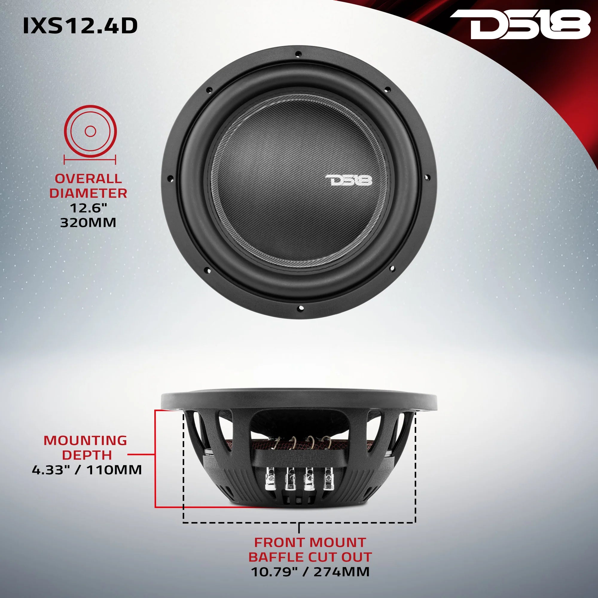 DS18 IXS Shallow-Mount 12" Fiber Glass Subwoofer 800 Watts Rms SVC or DVC 4-Ohm