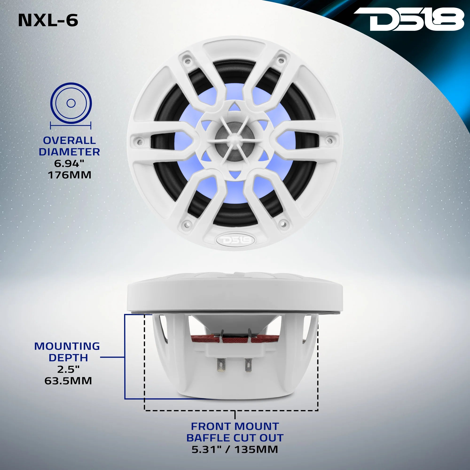DS18 NXL 6.5" 2-Way Coaxial Marine Speaker with LED RGB Lights | 100W RMS 4-Ohm