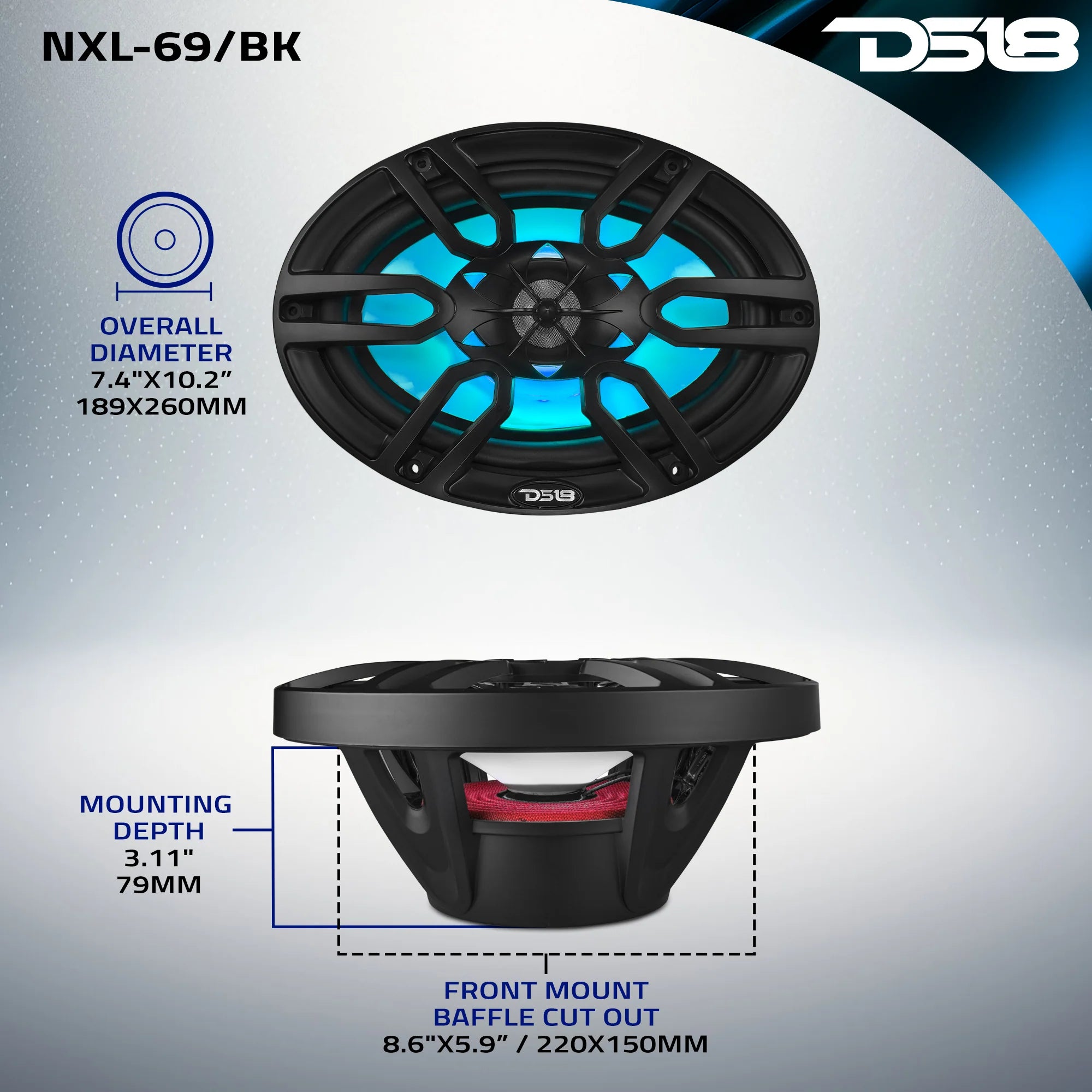 DS18 NXL 6x9" 2-Way Coaxial Marine Speaker with LED RGB Lights | 125W RMS 4-Ohm
