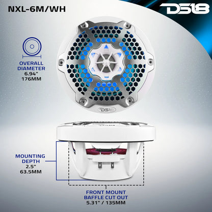 DS18 NXL 6.5" 2-Way Coaxial Marine Speaker With LED RGB Lights 100 Watts Rms 4-Ohm