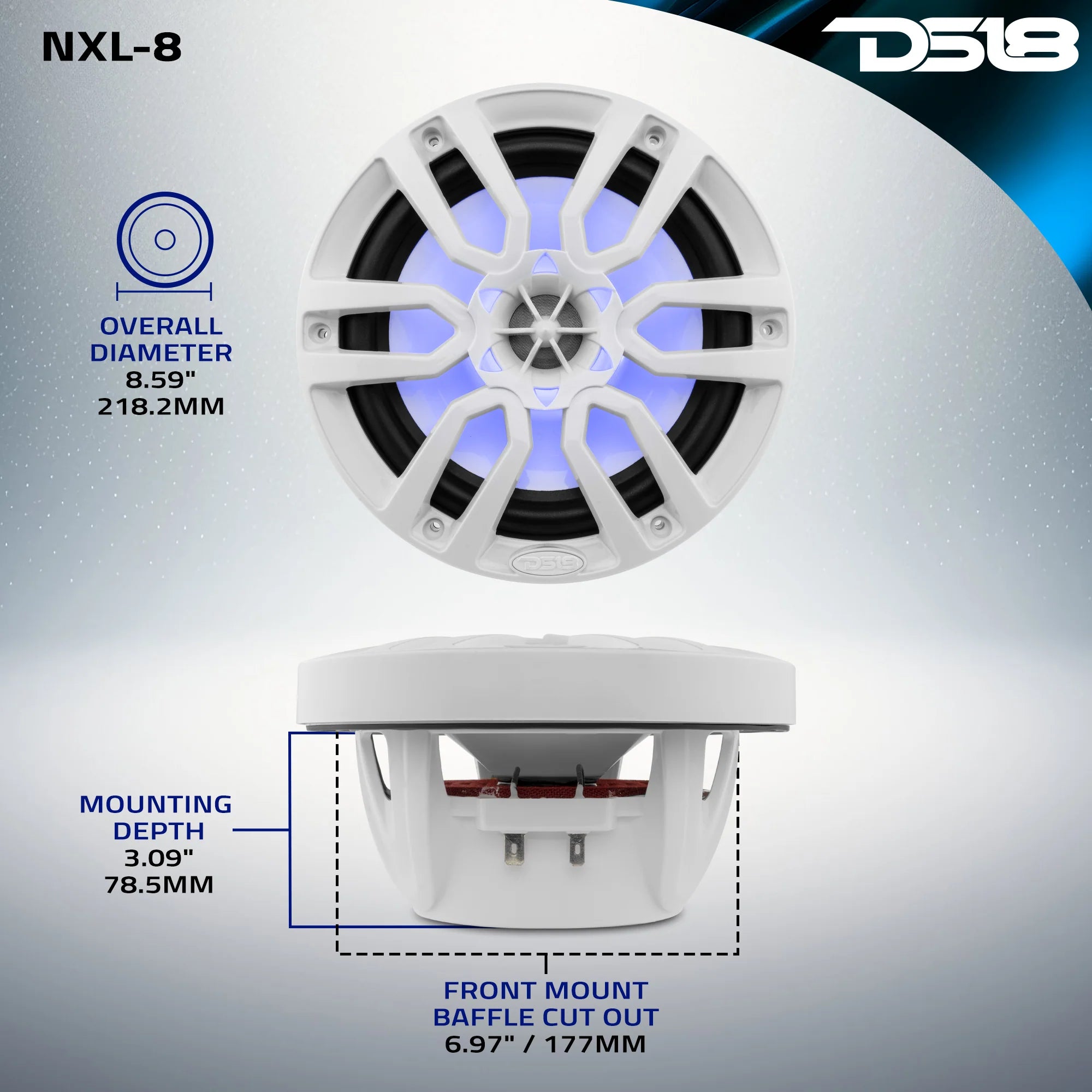 DS18 NXL 8" 2-Way Coaxial Marine Speaker with LED RGB Lights | 125W RMS 4-Ohm