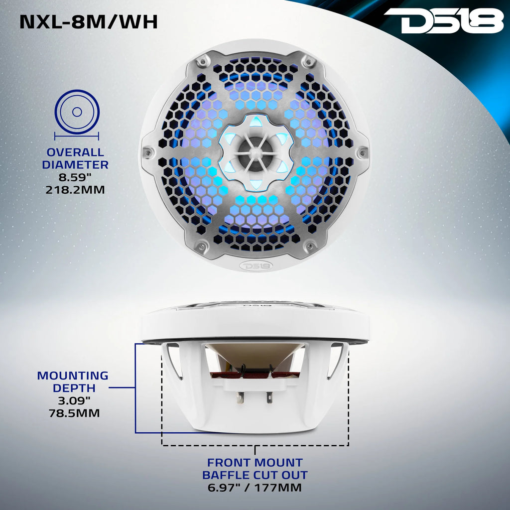 DS18 NXL 8" 2-Way Coaxial Marine Speaker With LED RGB Lights 125 Watts Rms 4-Ohm