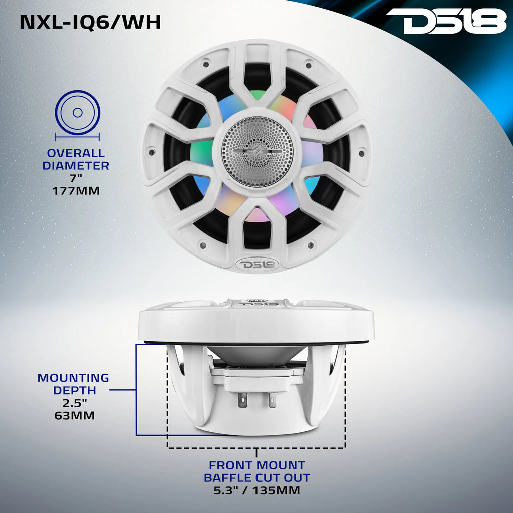 DS18 NXL 6.5" 2-Way Coaxial Marine Speaker with Bullet Tweeter and Digital Led Lights | 150W RMS 4-Ohm