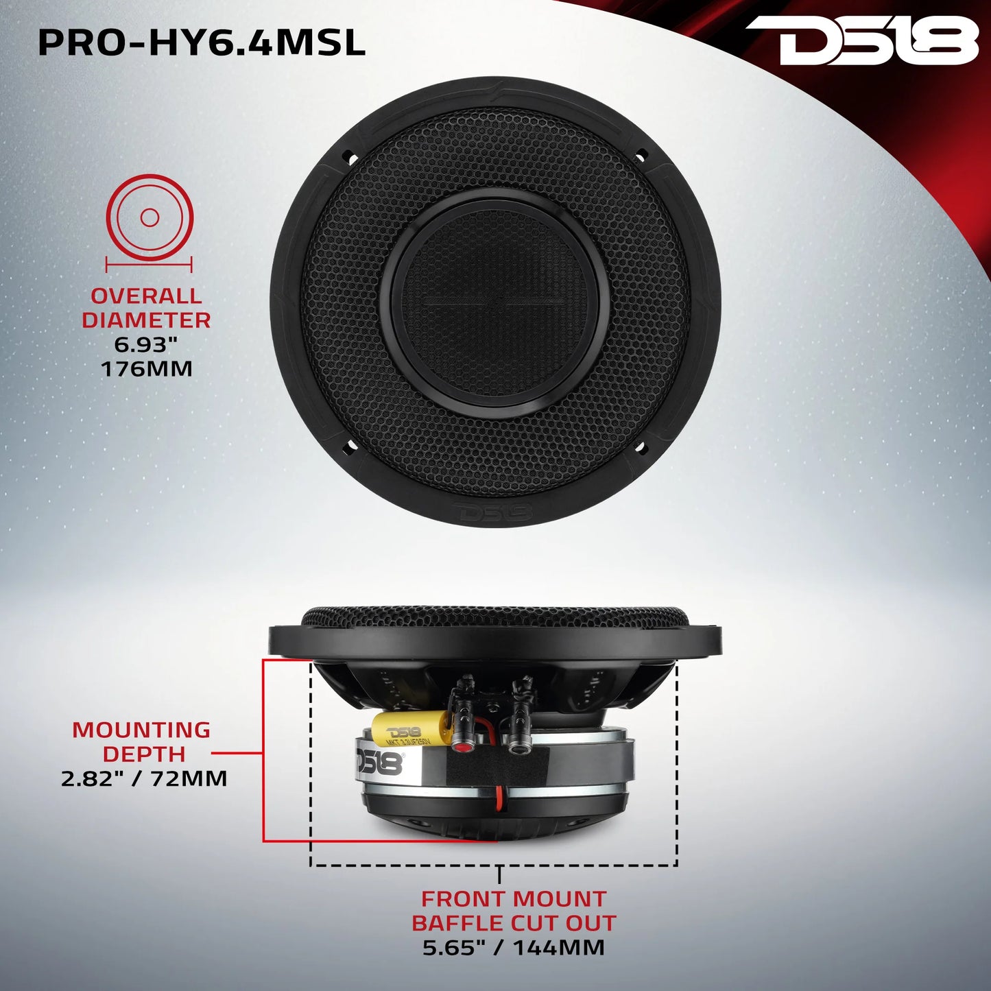 DS18 PRO 6.5" Shallow Coaxial Hybrid Mid-Range Loudspeaker with Built-in Driver | 150W RMS 4-Ohm