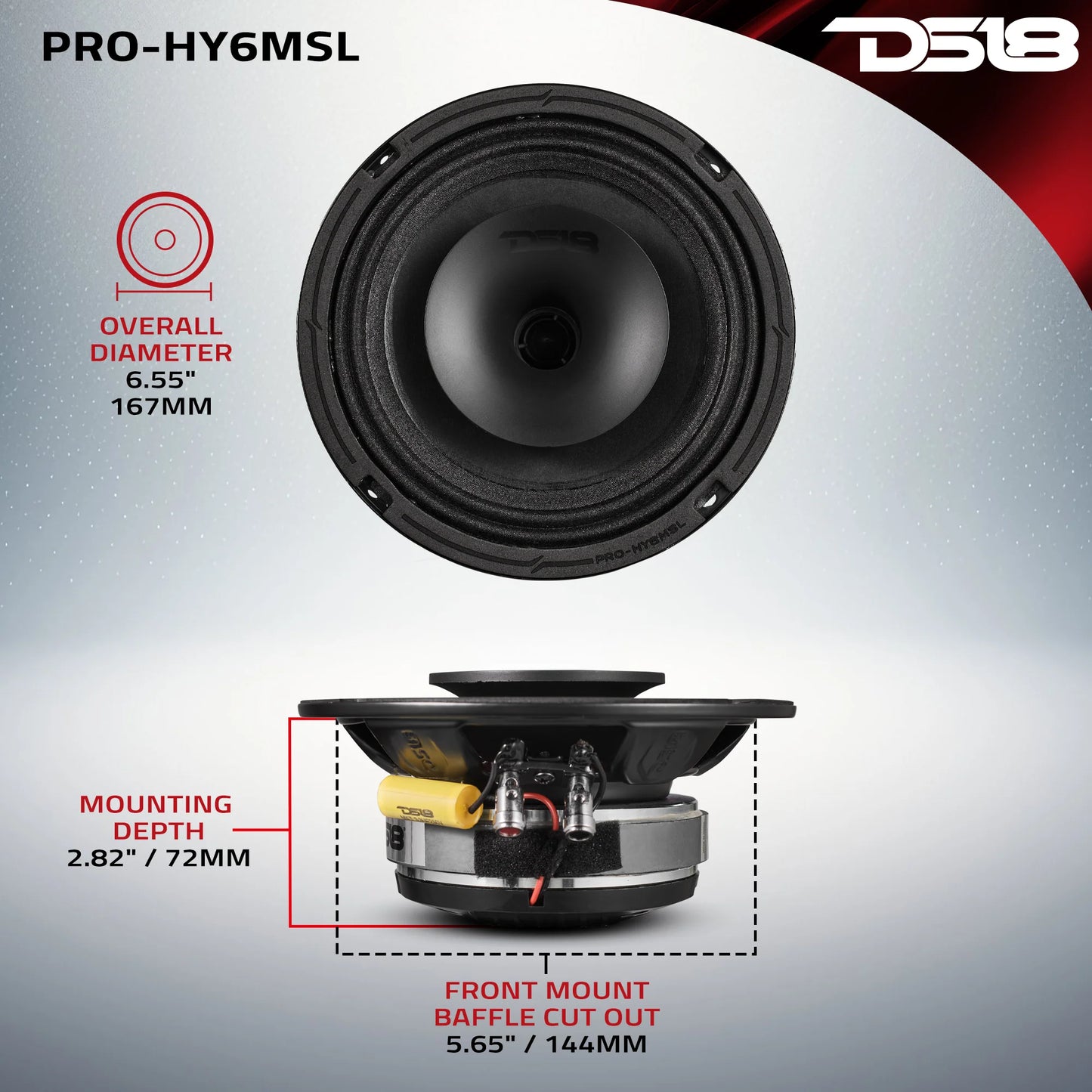 DS18 PRO 6.5" Shallow Coaxial Hybrid Mid-Range Loudspeaker with Built-in Driver | 150W RMS 8-Ohm
