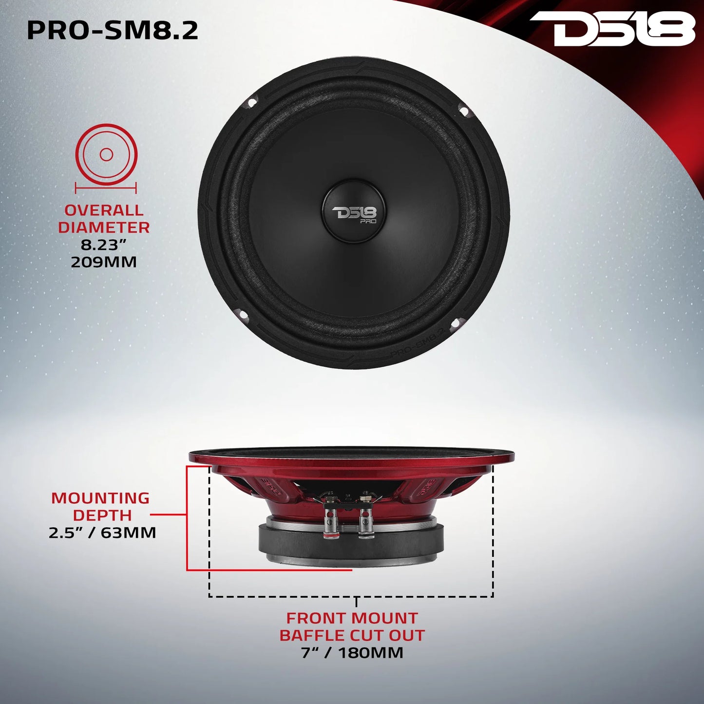 DS18 PRO 8" Slim Water-Resistant Mid-Range Loudspeaker | 250W RMS 2-Ohm