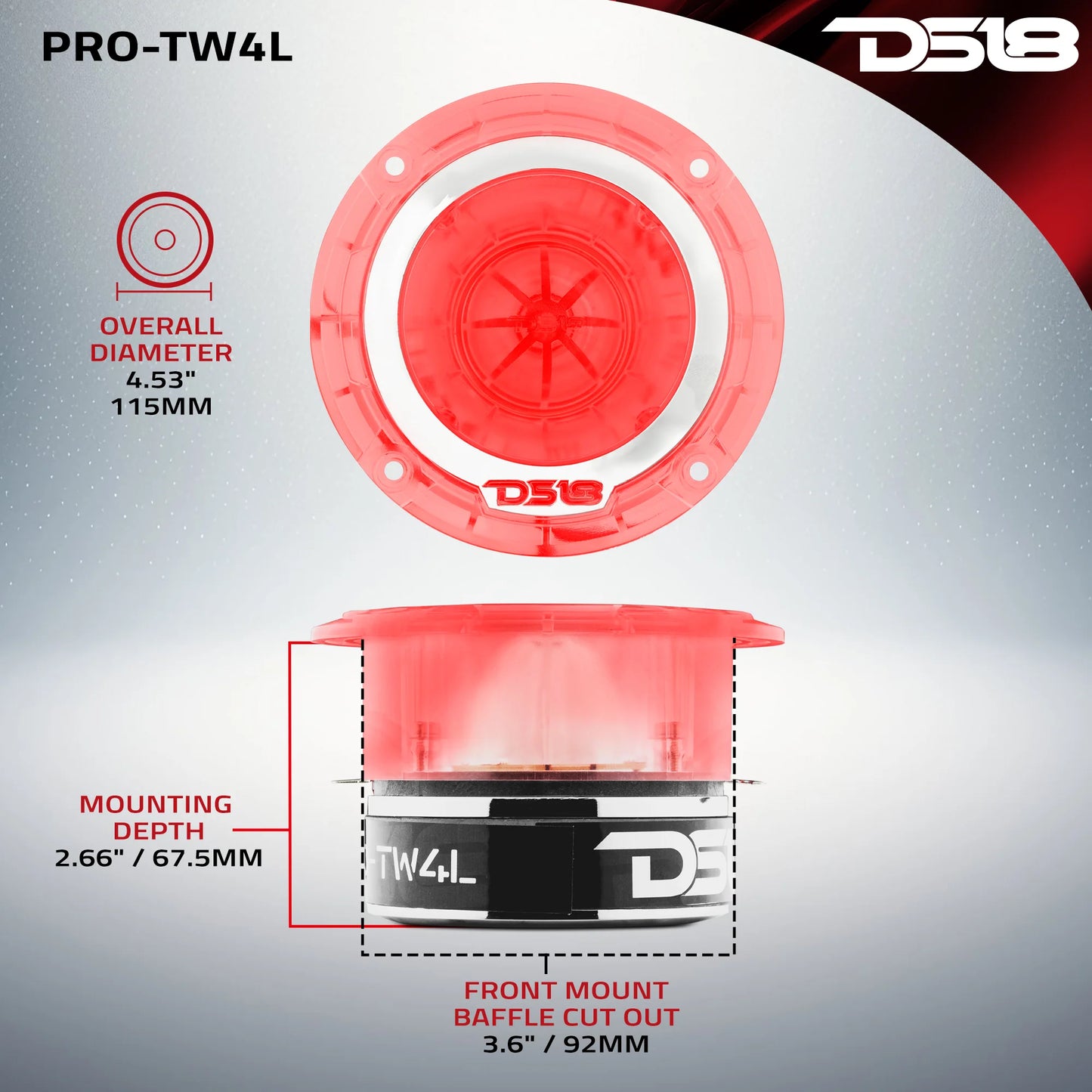 DS18 4.5" Super Bullet Tweeter 280 Watts 1.75" Titanium 4-Ohm Vc with RGB LED Lights