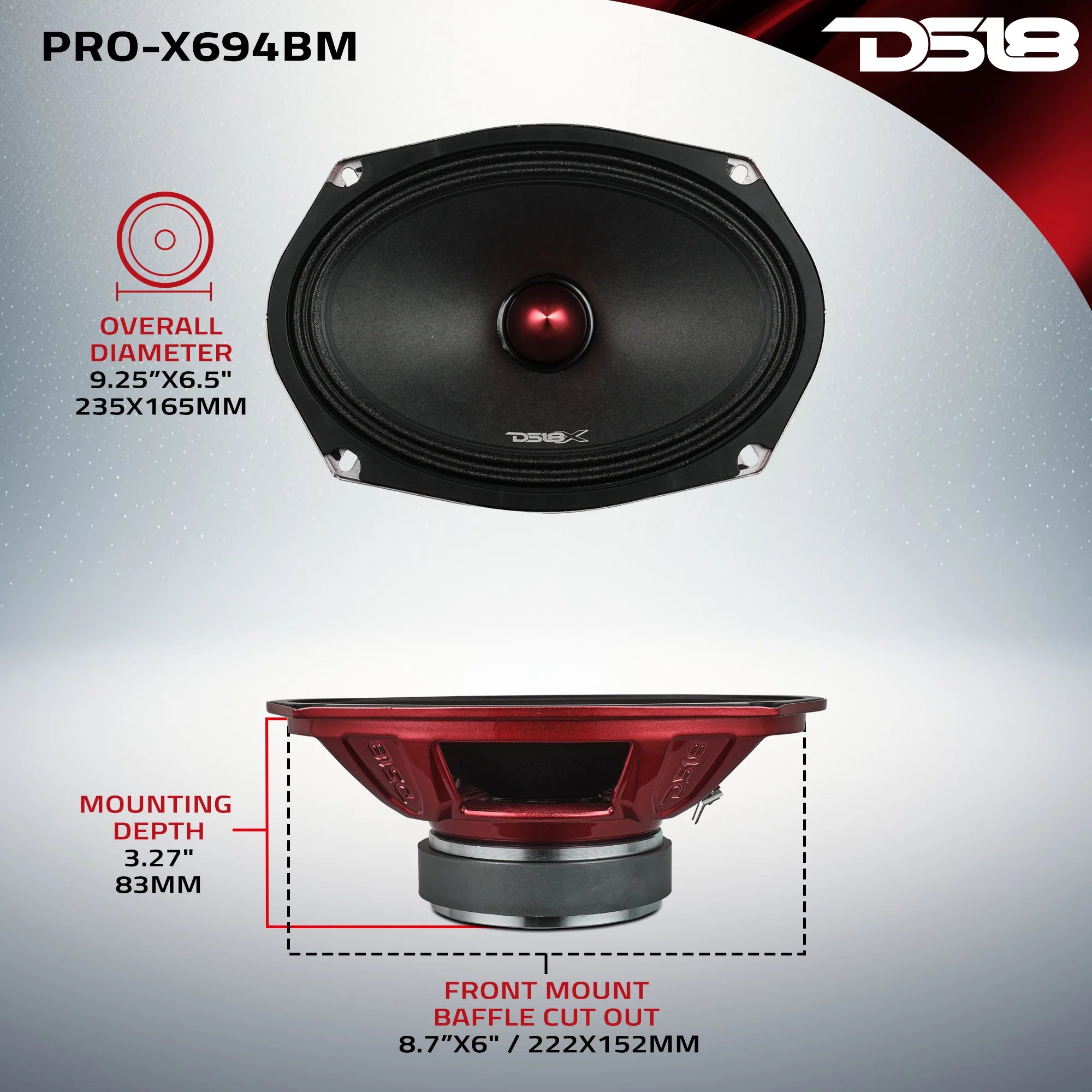 DS18 PRO-X 6X9" Mid-Range Loudspeaker with Bullet | 200W RMS 4 or 8-Ohm