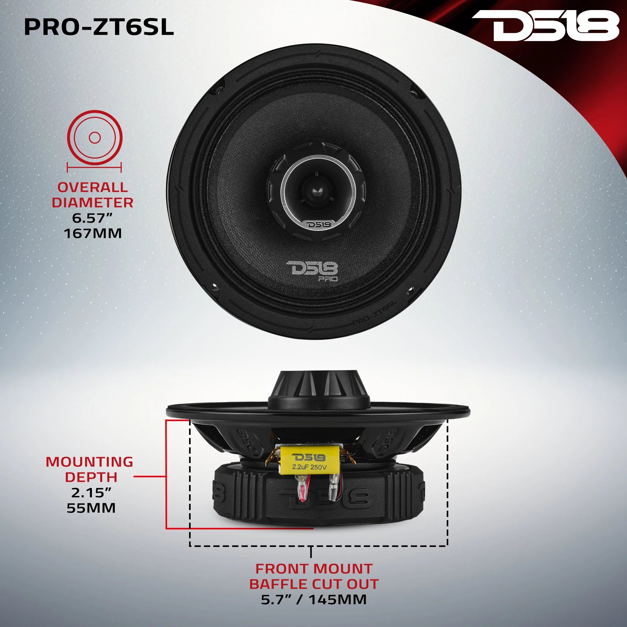 DS18 PRO-ZT 6.5” Slim Coaxial Mid-Range Loudspeaker with Water-Resistant Cone Built-in Bullet Tweeter | 200W RMS 4-Ohm