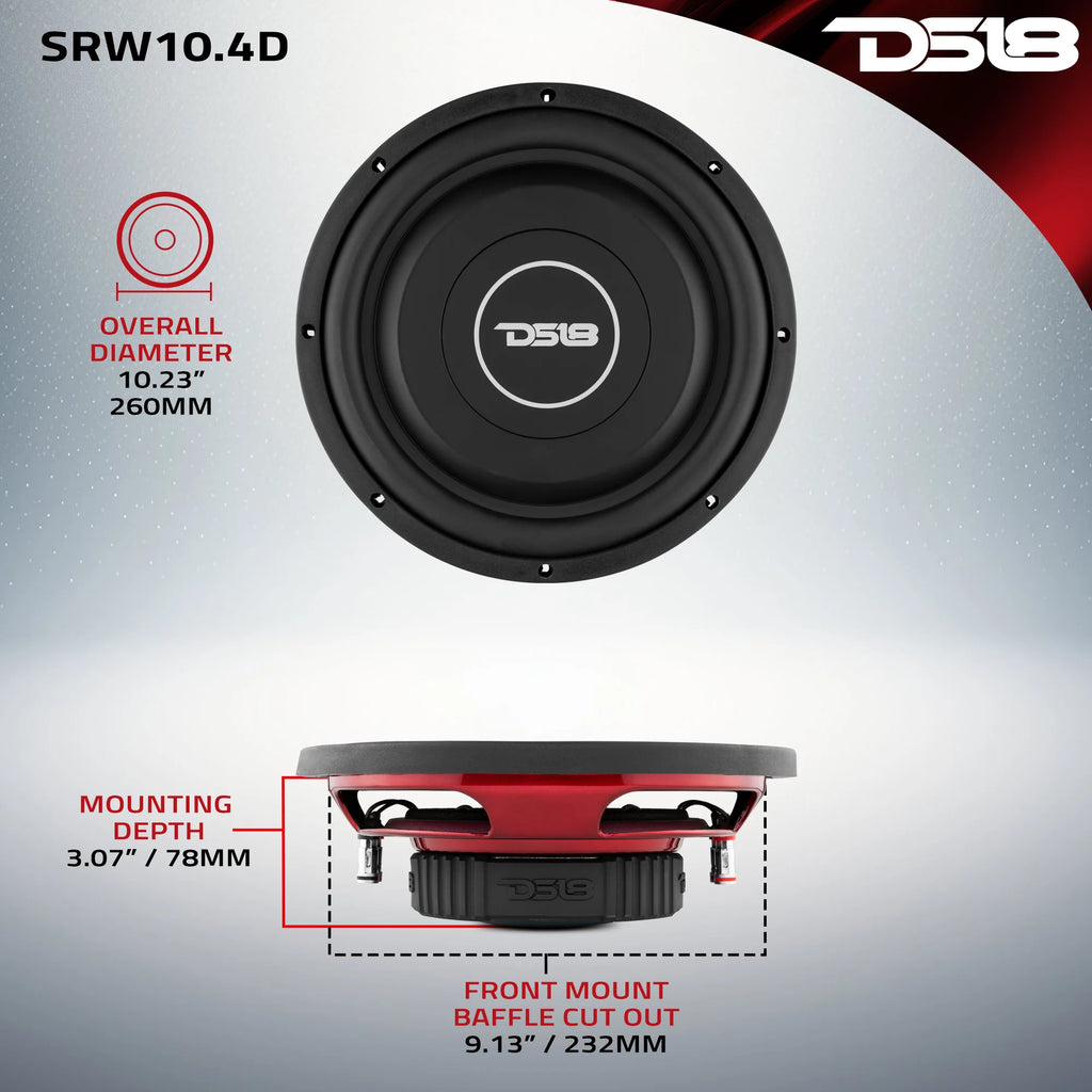 DS18 SRW Shallow-Mount 10" Subwoofer 200 Watts Rms DVC 4-Ohm