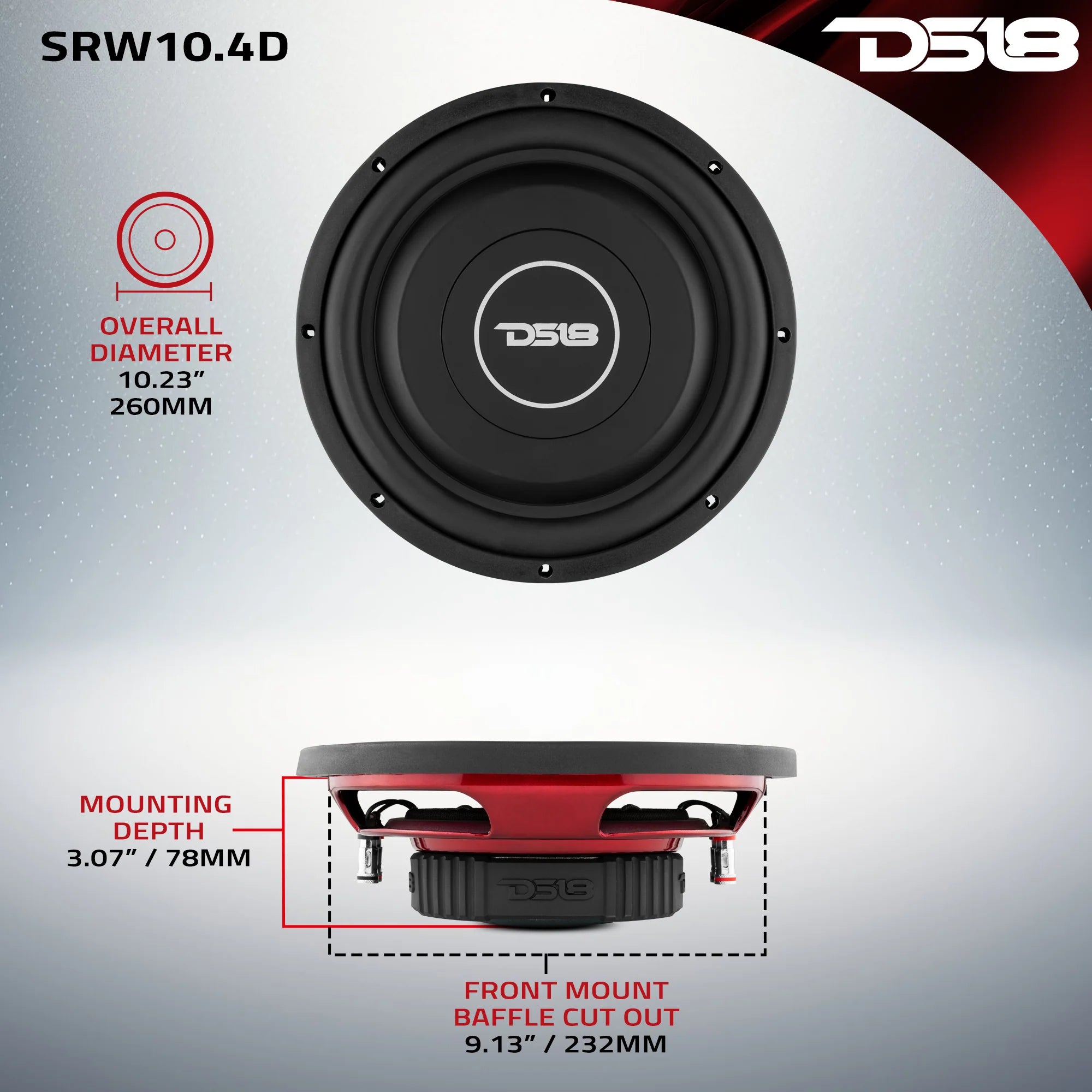 DS18 SRW Shallow-Mount 10" Subwoofer 200 Watts Rms DVC 4-Ohm