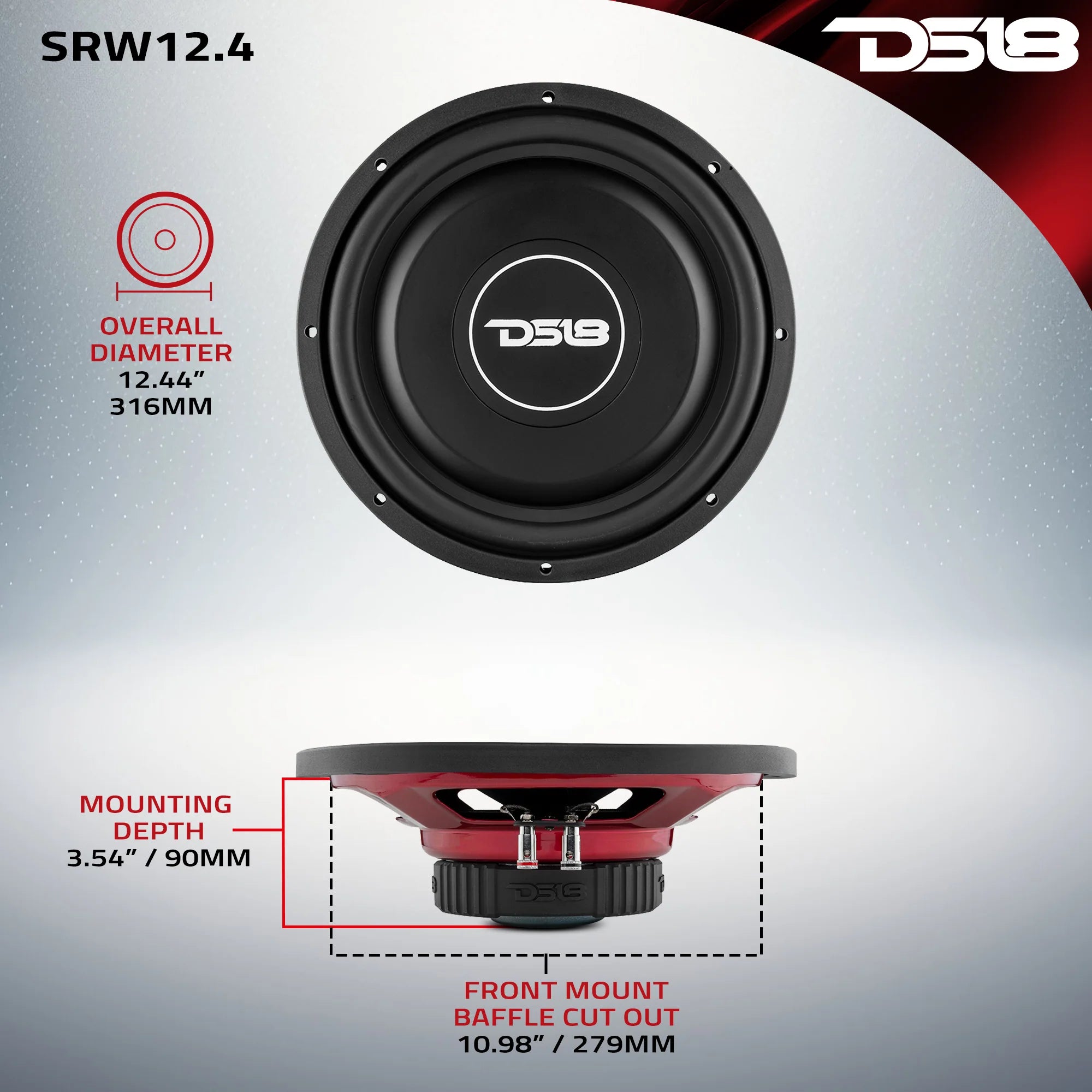 DS18 SRW Shallow-Mount 12" Subwoofer 220 Watts Rms SVC or DVC 4-Ohm
