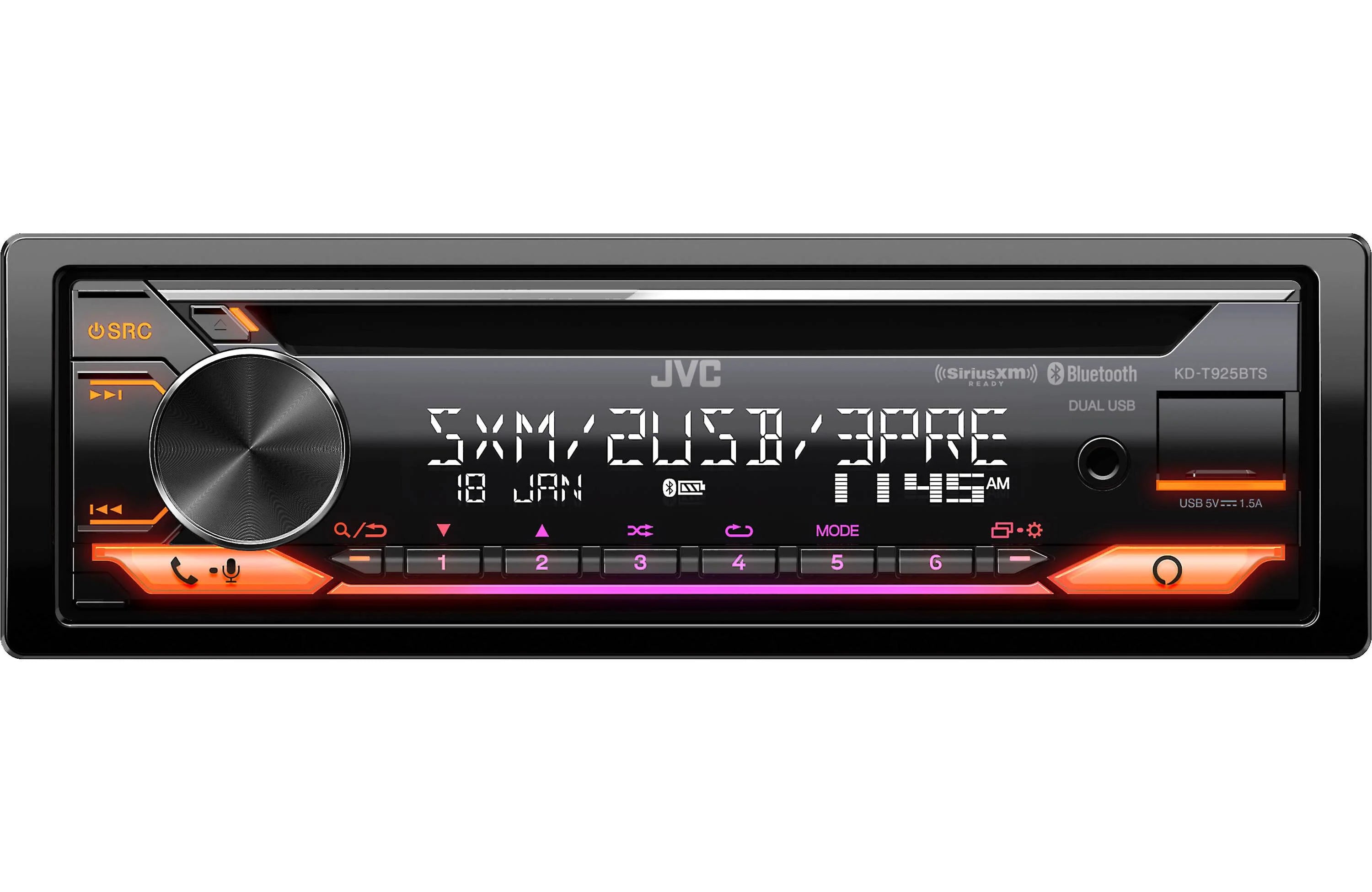 JVC KDT925BTS Single-Din CD Receiver, BT, SXM Ready, Dual USB
