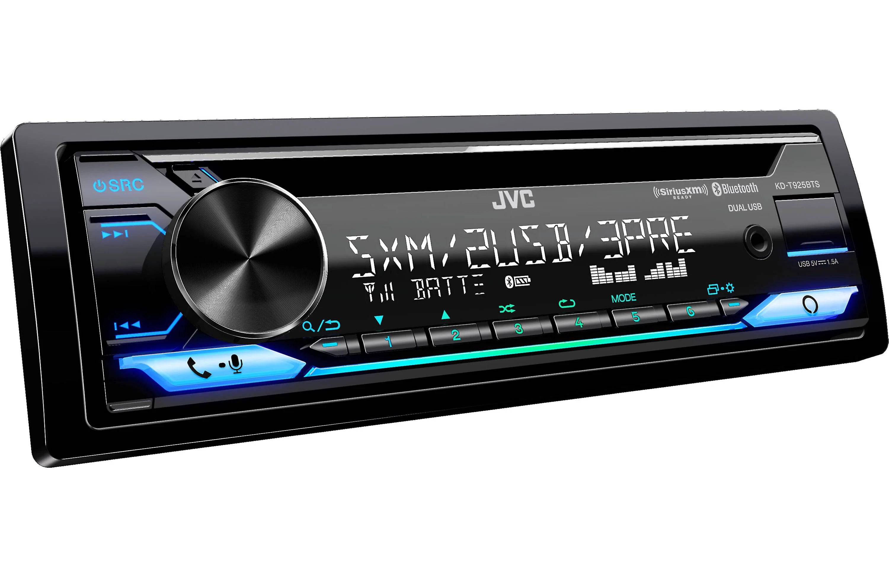 JVC KDT925BTS Single-Din CD Receiver, BT, SXM Ready, Dual USB
