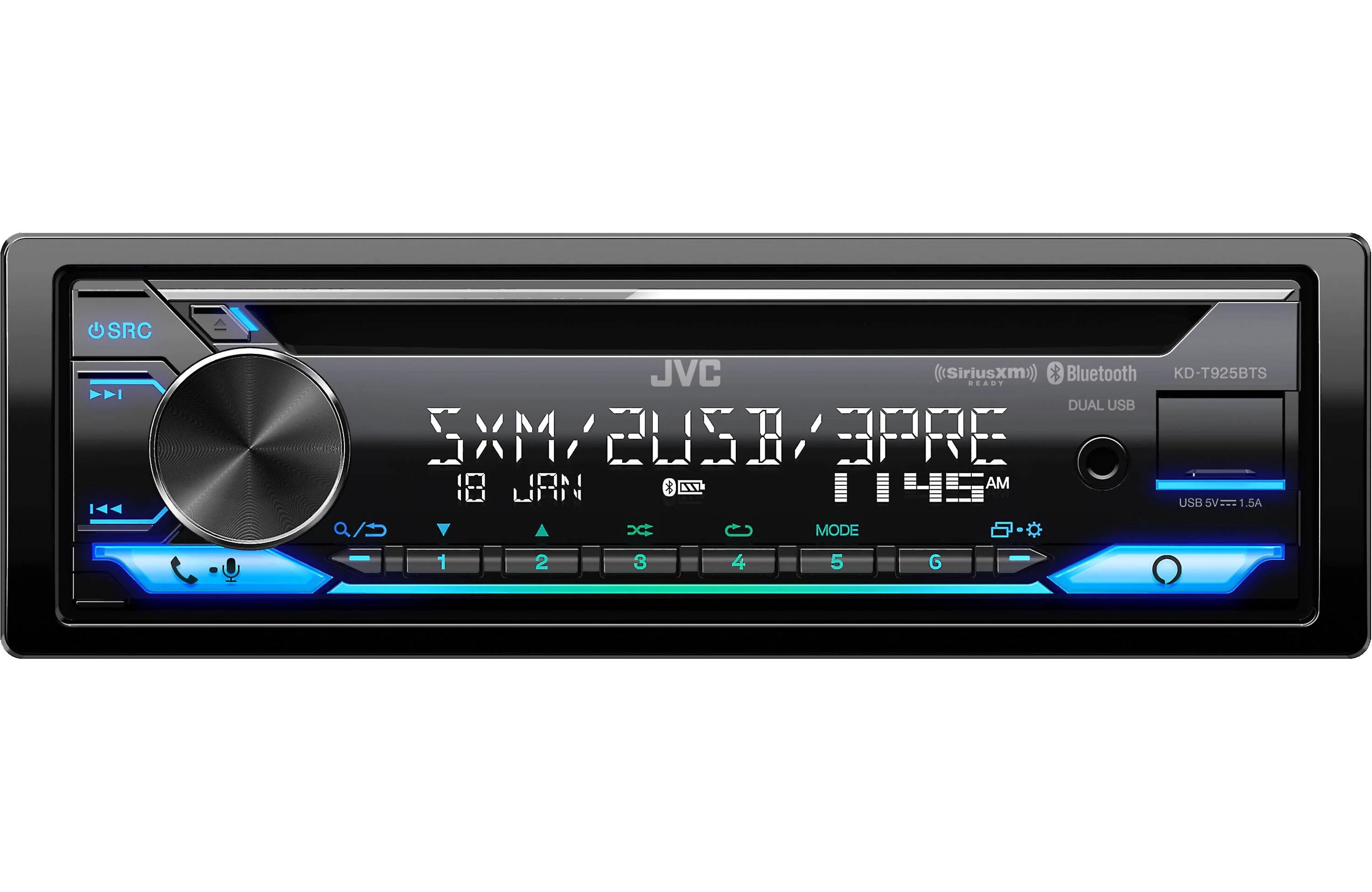 JVC KDT925BTS Single-Din CD Receiver, BT, SXM Ready, Dual USB