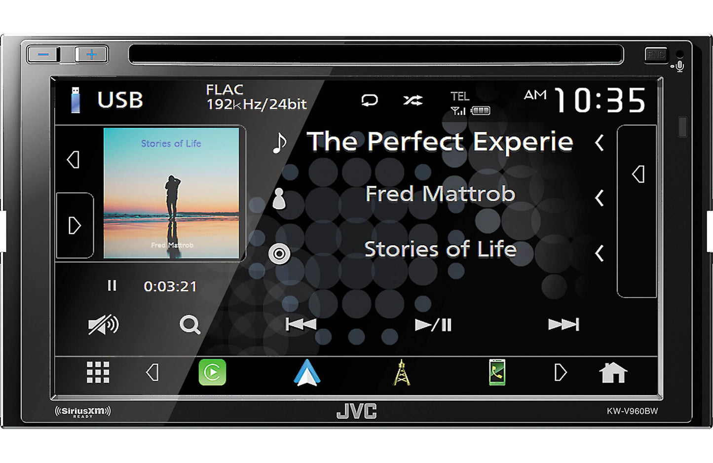 JVC KWV960BW Double-Din CD/DVD Receiver, BT, Wireless Carplay/Android Auto, SXM Ready, Hi-Res Audio