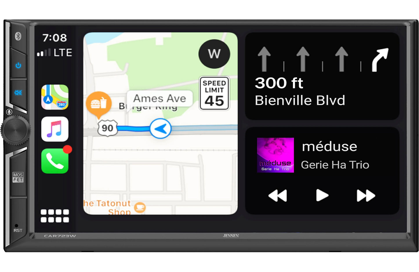 Jensen CAR723W 7" Double-Din Radio, Mechless, Wireless Apple Carplay, Android Auto